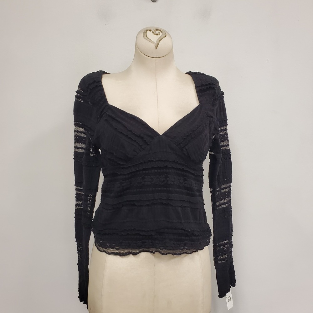 La Peche Dark Romantic Black Top Size M Goth Babydoll Sheer Sleeves Frilly Lace